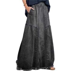 Hippie Long Maxi Denim Skirt gray